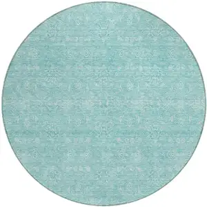 Photo of 8' Aqua And Ivory Round Floral Washable Indoor Outdoor Area Rug