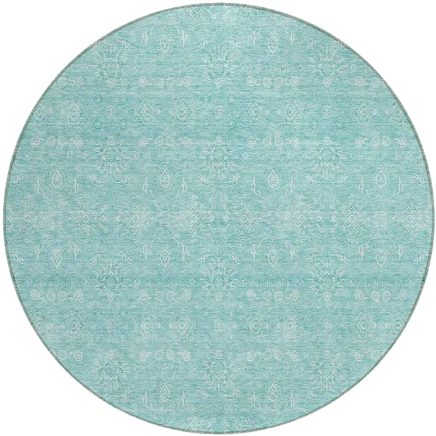 8' Aqua And Ivory Round Floral Washable Indoor Outdoor Area Rug Photo 1