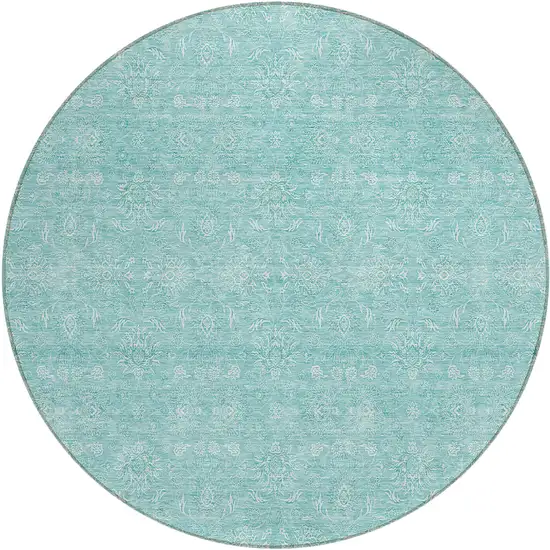 8' Aqua And Ivory Round Floral Washable Indoor Outdoor Area Rug Photo 1