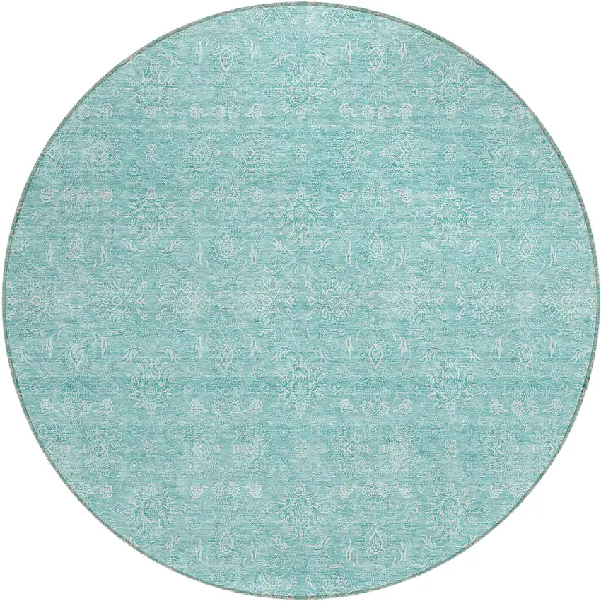 8' Aqua And Ivory Round Floral Washable Indoor Outdoor Area Rug Photo 1