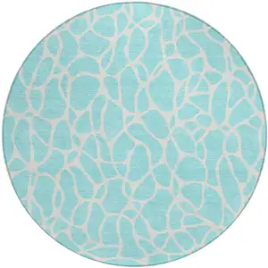 Photo of 8' Aqua And Ivory Round Geometric Washable Indoor Outdoor Area Rug