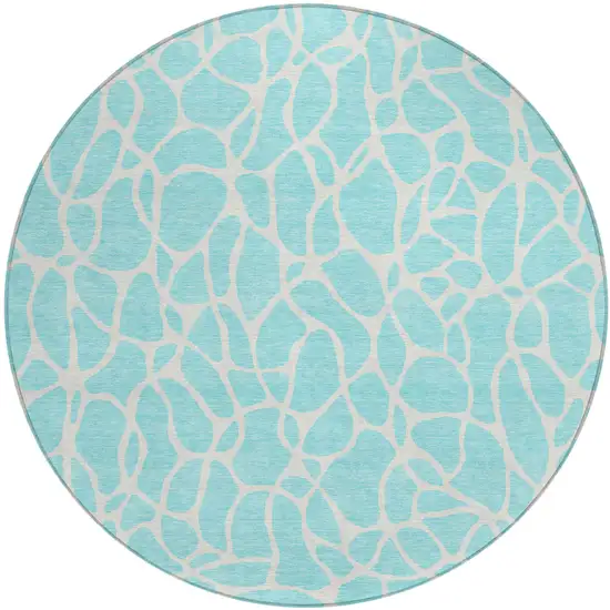 8' Aqua And Ivory Round Geometric Washable Indoor Outdoor Area Rug Photo 2