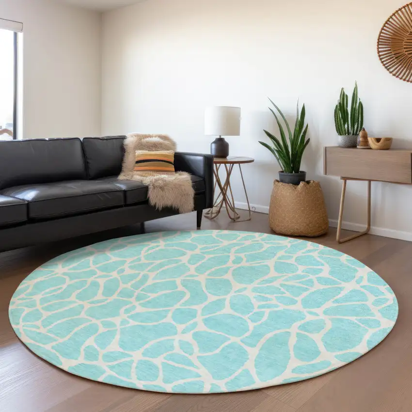 8' Aqua And Ivory Round Geometric Washable Indoor Outdoor Area Rug Photo 6