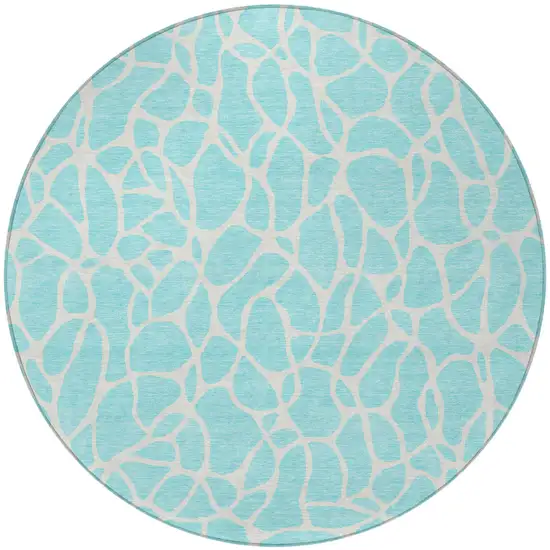 8' Aqua And Ivory Round Geometric Washable Indoor Outdoor Area Rug Photo 4