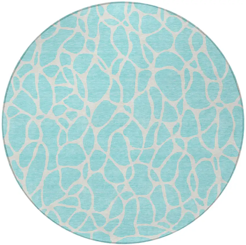 8' Aqua And Ivory Round Geometric Washable Indoor Outdoor Area Rug Photo 4