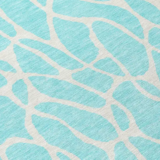 8' Aqua And Ivory Round Geometric Washable Indoor Outdoor Area Rug Photo 7