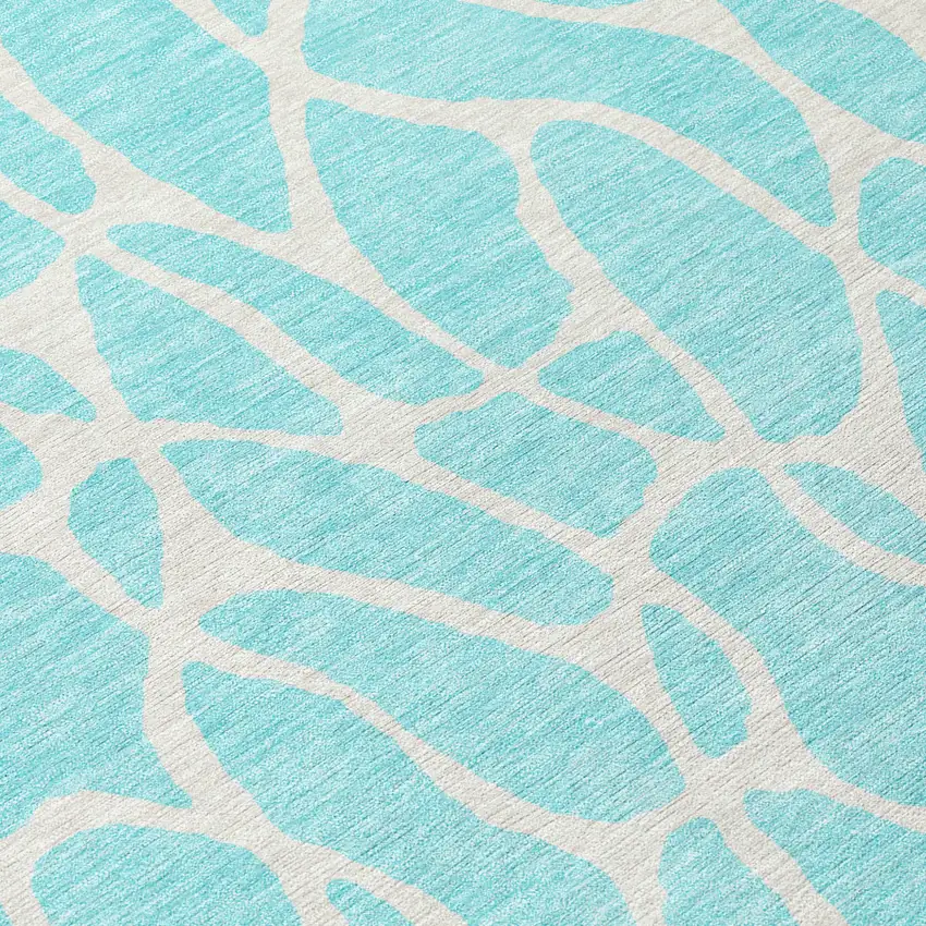 8' Aqua And Ivory Round Geometric Washable Indoor Outdoor Area Rug Photo 7