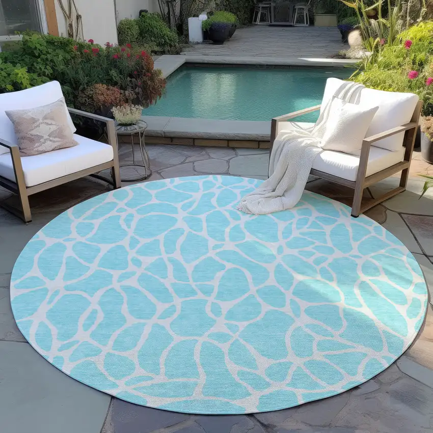8' Aqua And Ivory Round Geometric Washable Indoor Outdoor Area Rug Photo 5