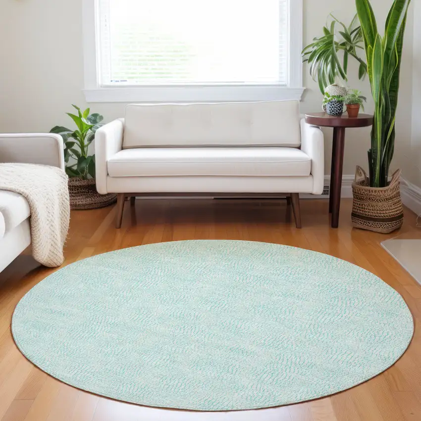 8' Aqua And Ivory Round Geometric Washable Indoor Outdoor Area Rug Photo 7