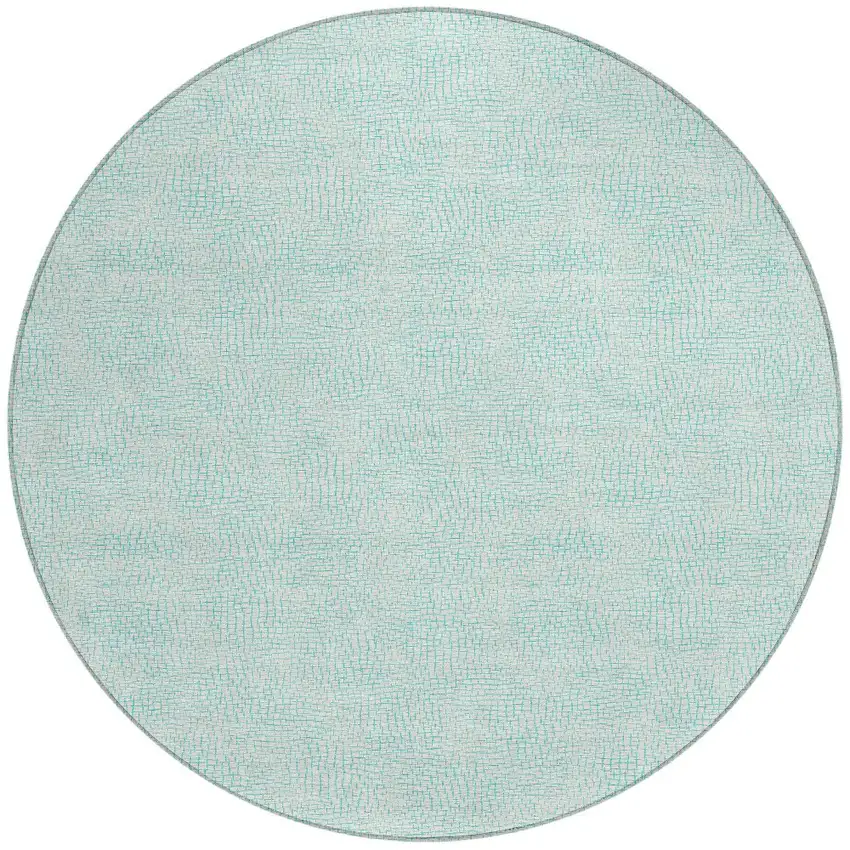 8' Aqua And Ivory Round Geometric Washable Indoor Outdoor Area Rug Photo 5