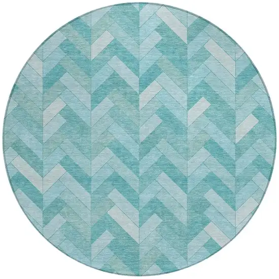 8' Aqua And Ivory Round Geometric Washable Indoor Outdoor Area Rug Photo 4