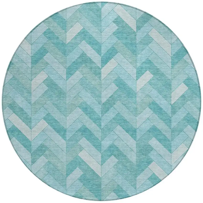 8' Aqua And Ivory Round Geometric Washable Indoor Outdoor Area Rug Photo 4