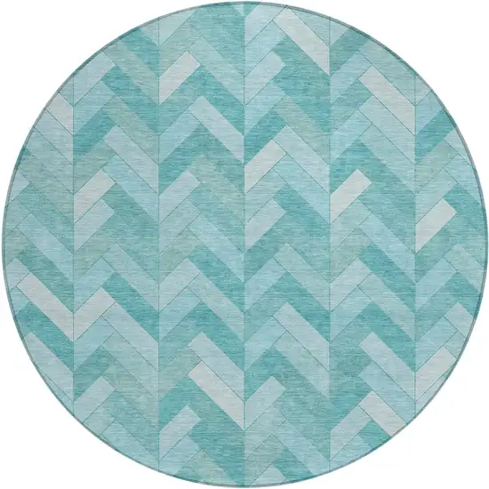 8' Aqua And Ivory Round Geometric Washable Indoor Outdoor Area Rug Photo 2