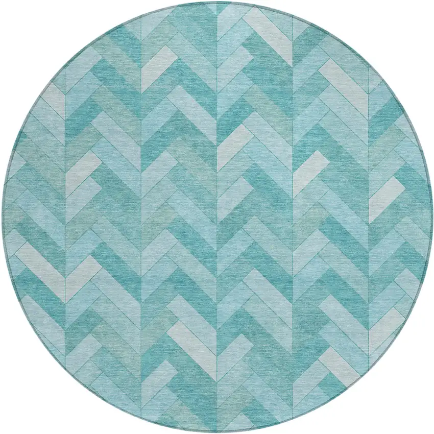 8' Aqua And Ivory Round Geometric Washable Indoor Outdoor Area Rug Photo 2