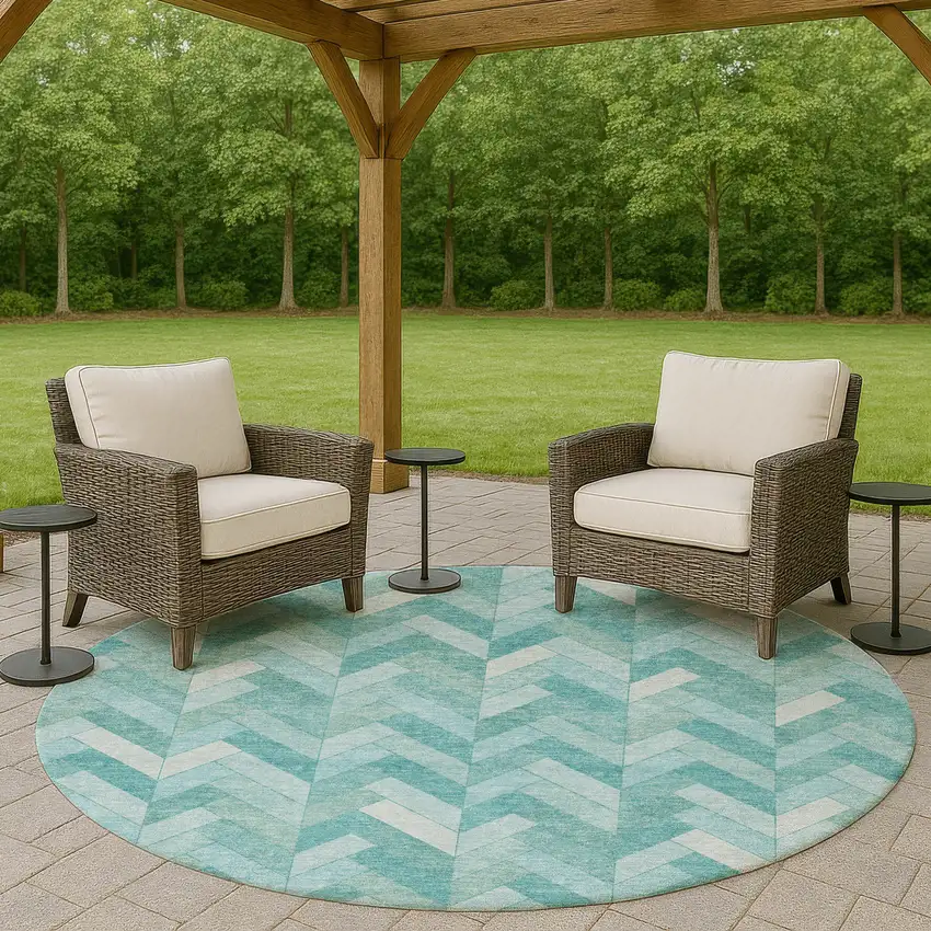 8' Aqua And Ivory Round Geometric Washable Indoor Outdoor Area Rug Photo 8