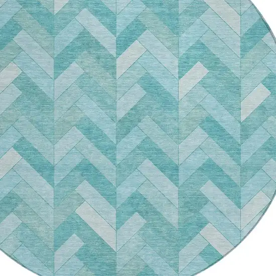 8' Aqua And Ivory Round Geometric Washable Indoor Outdoor Area Rug Photo 7