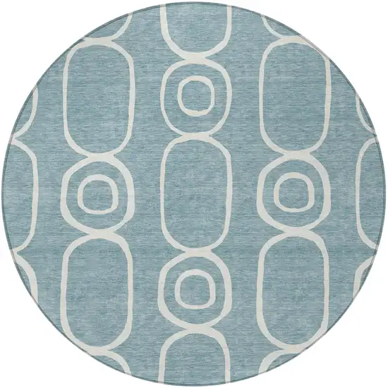 8' Aqua And Ivory Round Geometric Washable Indoor Outdoor Area Rug Photo 4