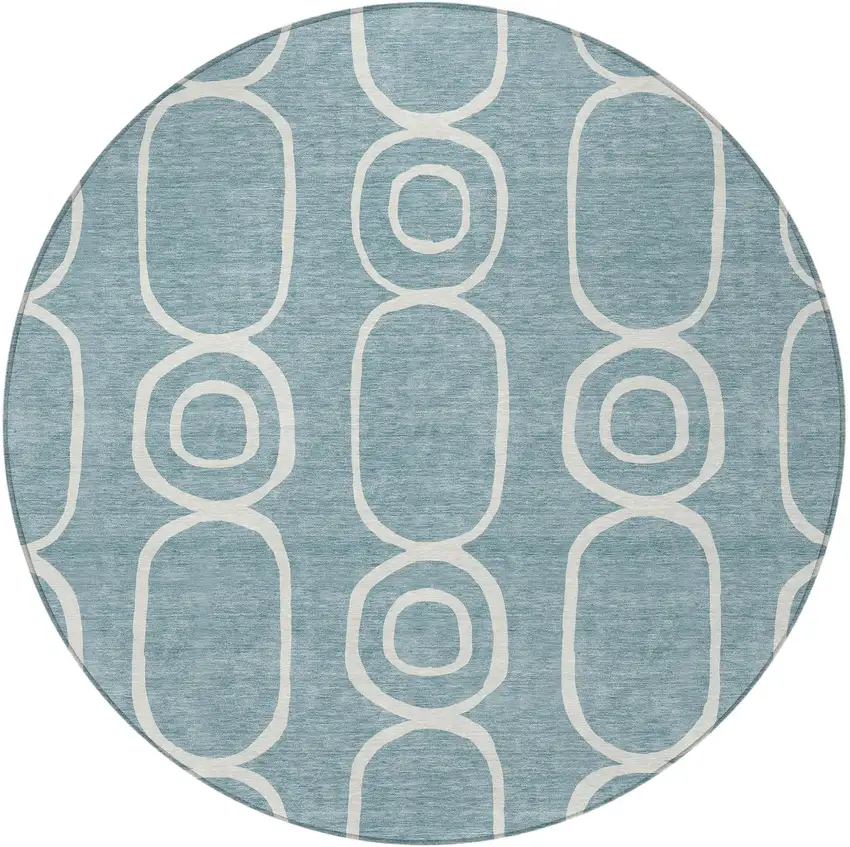 8' Aqua And Ivory Round Geometric Washable Indoor Outdoor Area Rug Photo 4