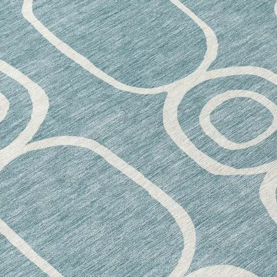 8' Aqua And Ivory Round Geometric Washable Indoor Outdoor Area Rug Photo 9