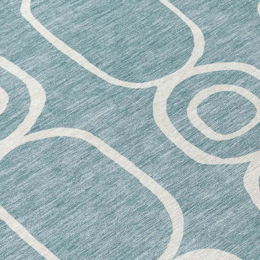 8' Aqua And Ivory Round Geometric Washable Indoor Outdoor Area Rug Photo 9