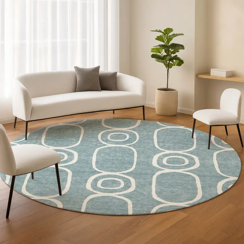 8' Aqua And Ivory Round Geometric Washable Indoor Outdoor Area Rug Photo 8