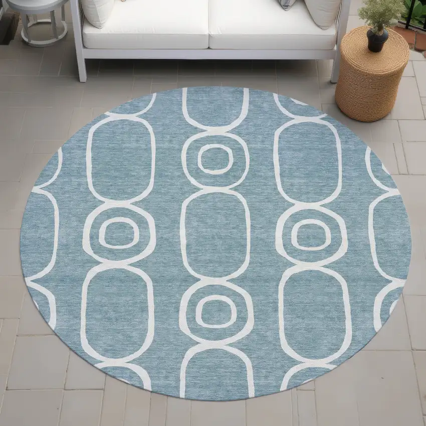 8' Aqua And Ivory Round Geometric Washable Indoor Outdoor Area Rug Photo 7