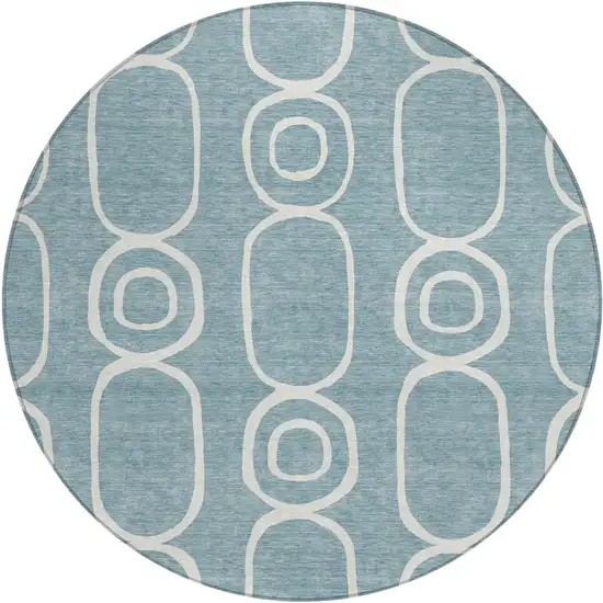 8' Aqua And Ivory Round Geometric Washable Indoor Outdoor Area Rug Photo 2