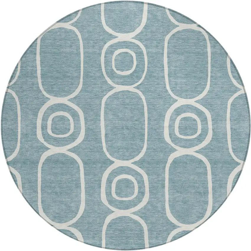 8' Aqua And Ivory Round Geometric Washable Indoor Outdoor Area Rug Photo 2