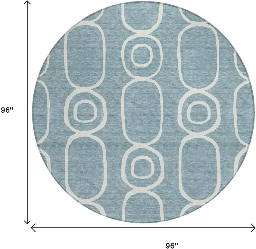 8' Aqua And Ivory Round Geometric Washable Indoor Outdoor Area Rug Photo 3