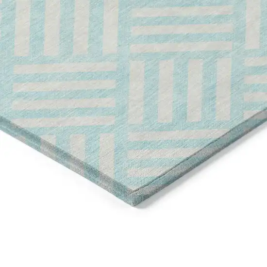 8' Aqua And Ivory Round Geometric Washable Indoor Outdoor Area Rug Photo 5