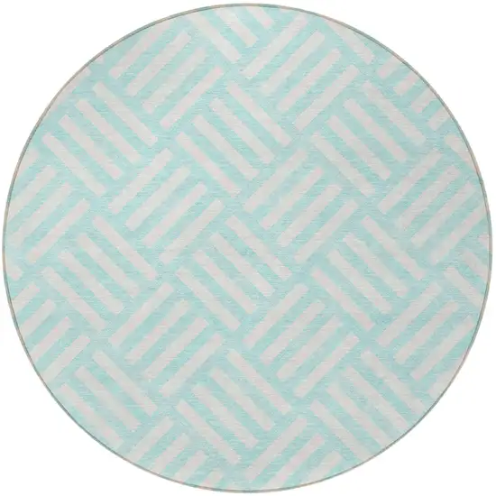 8' Aqua And Ivory Round Geometric Washable Indoor Outdoor Area Rug Photo 6