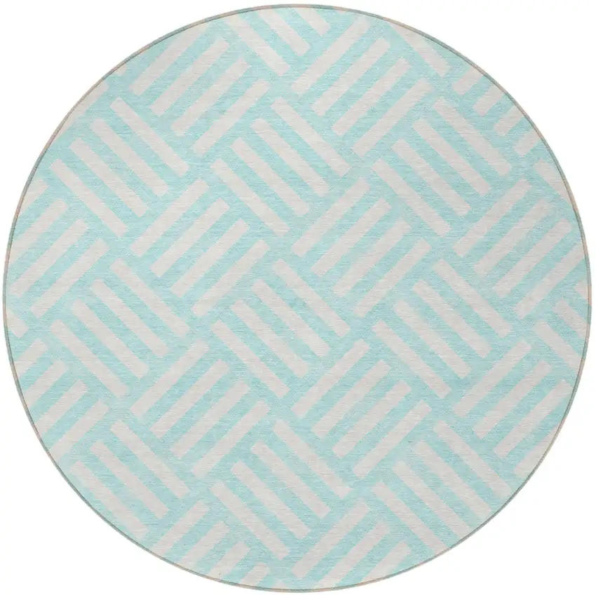 8' Aqua And Ivory Round Geometric Washable Indoor Outdoor Area Rug Photo 6