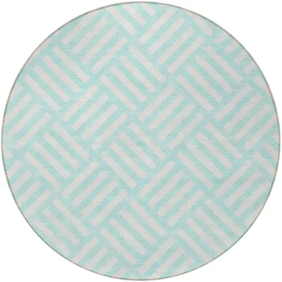 8' Aqua And Ivory Round Geometric Washable Indoor Outdoor Area Rug Photo 6