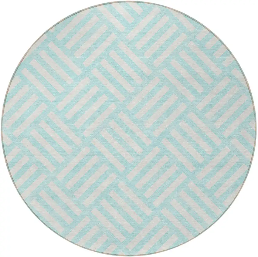 8' Aqua And Ivory Round Geometric Washable Indoor Outdoor Area Rug Photo 6
