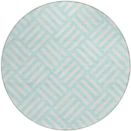 8' Aqua And Ivory Round Geometric Washable Indoor Outdoor Area Rug Photo 2