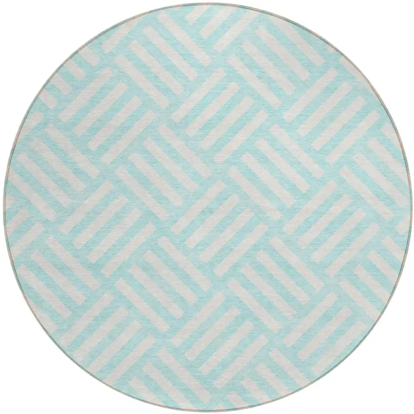 8' Aqua And Ivory Round Geometric Washable Indoor Outdoor Area Rug Photo 2
