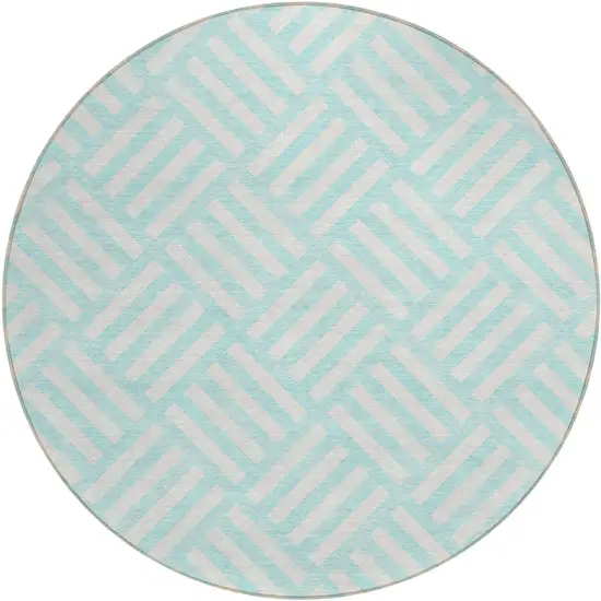 8' Aqua And Ivory Round Geometric Washable Indoor Outdoor Area Rug Photo 2