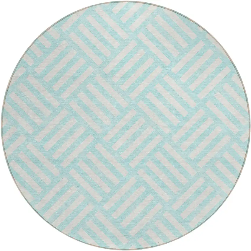 8' Aqua And Ivory Round Geometric Washable Indoor Outdoor Area Rug Photo 2
