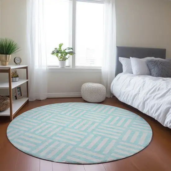 8' Aqua And Ivory Round Geometric Washable Indoor Outdoor Area Rug Photo 8
