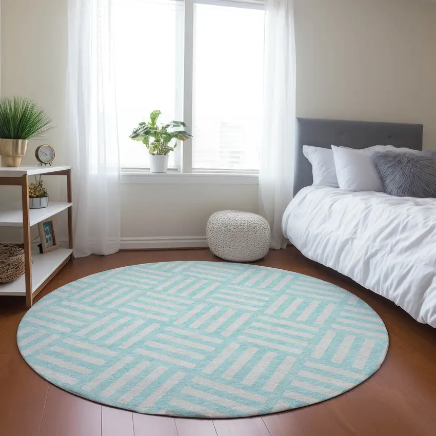 8' Aqua And Ivory Round Geometric Washable Indoor Outdoor Area Rug Photo 8
