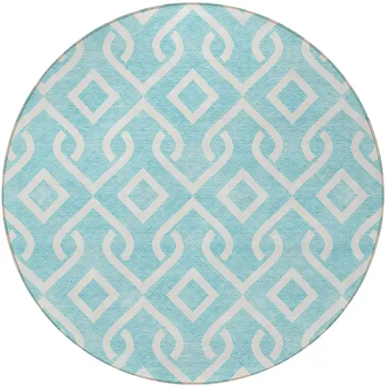 8' Aqua And Ivory Round Geometric Washable Indoor Outdoor Area Rug Photo 5