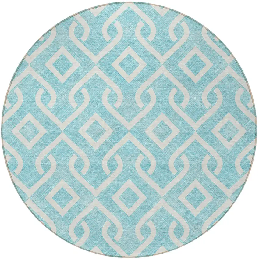 8' Aqua And Ivory Round Geometric Washable Indoor Outdoor Area Rug Photo 5