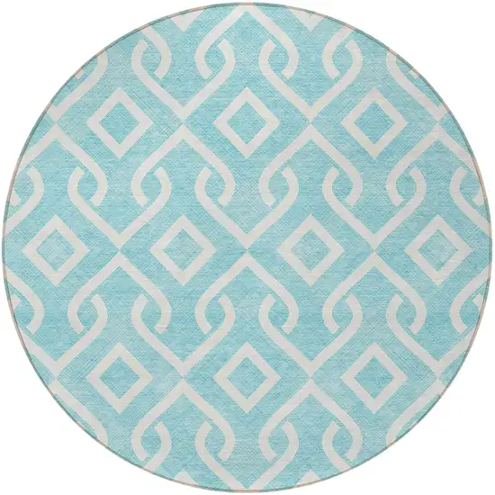 8' Aqua And Ivory Round Geometric Washable Indoor Outdoor Area Rug Photo 5