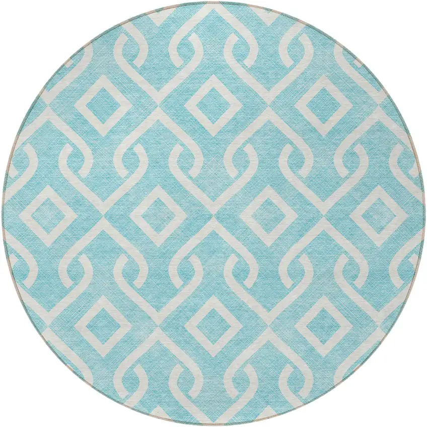 8' Aqua And Ivory Round Geometric Washable Indoor Outdoor Area Rug Photo 5