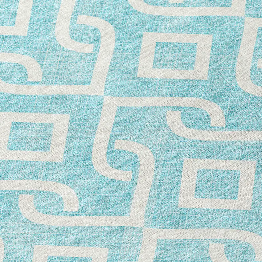 8' Aqua And Ivory Round Geometric Washable Indoor Outdoor Area Rug Photo 4