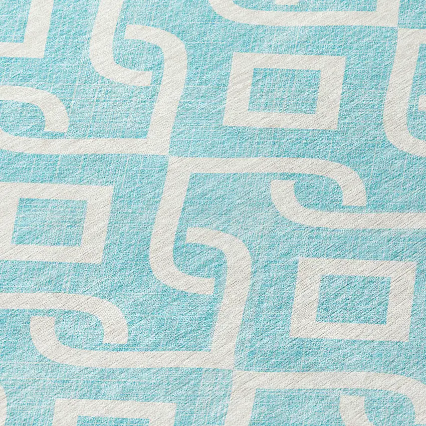 8' Aqua And Ivory Round Geometric Washable Indoor Outdoor Area Rug Photo 4