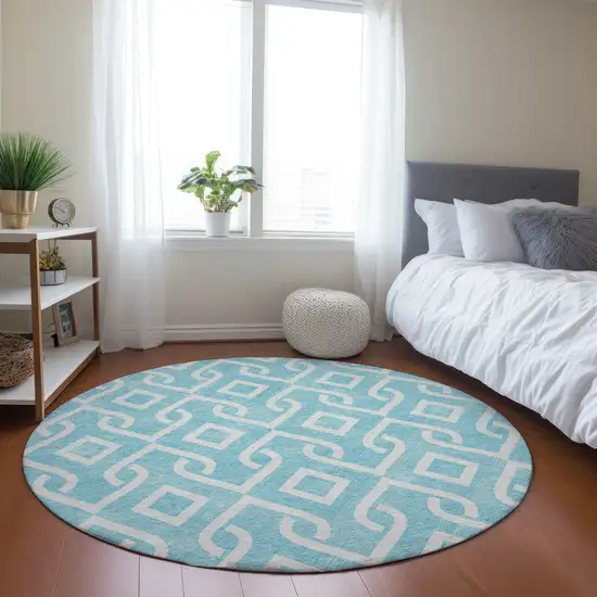 8' Aqua And Ivory Round Geometric Washable Indoor Outdoor Area Rug Photo 7