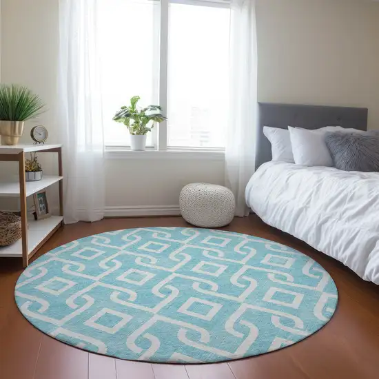 8' Aqua And Ivory Round Geometric Washable Indoor Outdoor Area Rug Photo 7