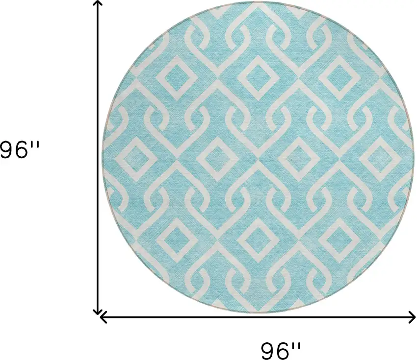 8' Aqua And Ivory Round Geometric Washable Indoor Outdoor Area Rug Photo 3