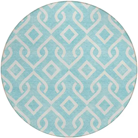 8' Aqua And Ivory Round Geometric Washable Indoor Outdoor Area Rug Photo 2